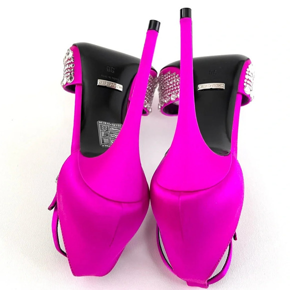 New GUCCI Crystal GG Embellished Hot Pink Fuchsia Satin Heel Sandal Ankle Strap - Picture 11 of 14